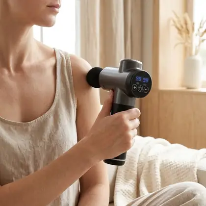Person som använder en massagepistol på axeln hemma