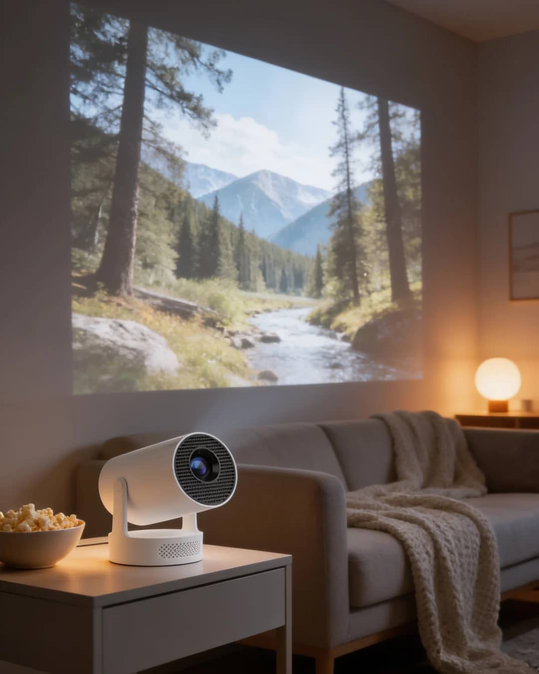 Mini-projektor som visar film på väggen i ett mysigt rum