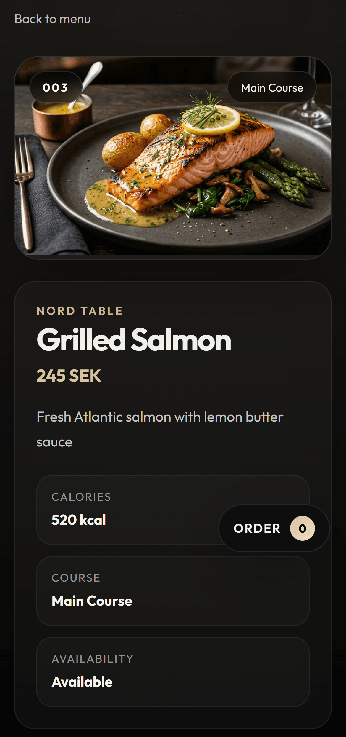 Mobil vy av digital meny för restauranggäst