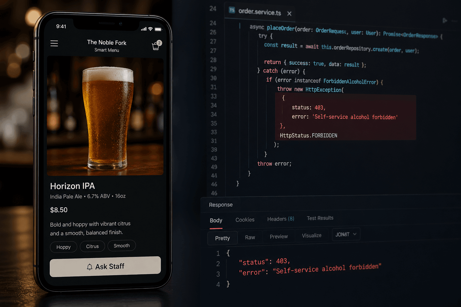 Smart meny som visar alkohol med Ask Staff-knapp och backend-skydd mot självbetjäning