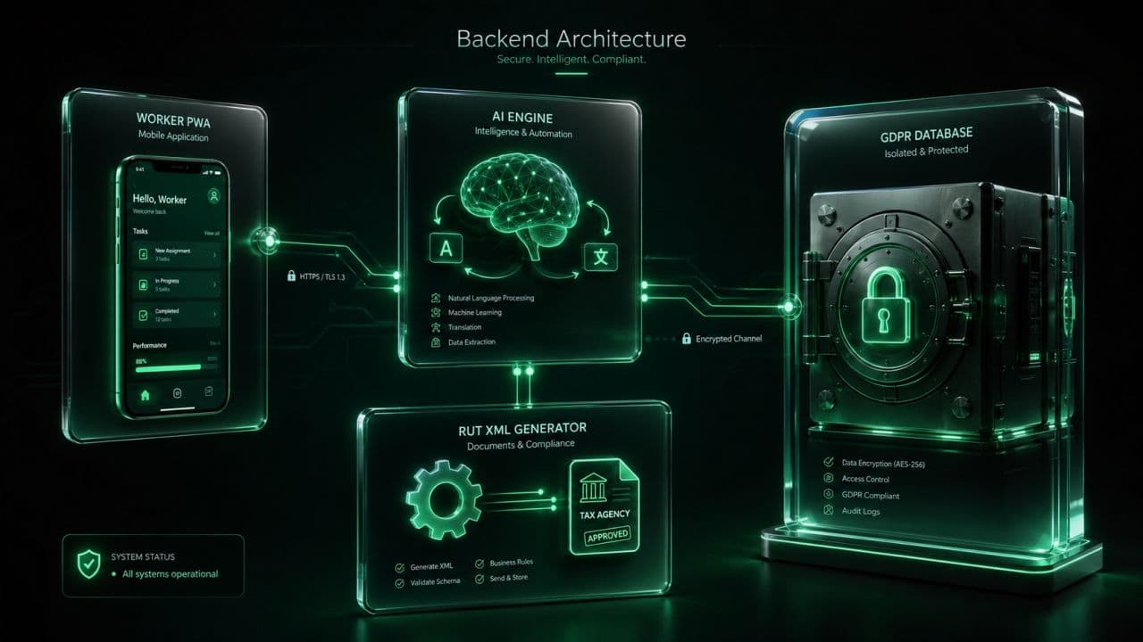 Backendarkitektur för StädSync AI med Worker PWA, AI Engine, RUT XML Generator och GDPR Database