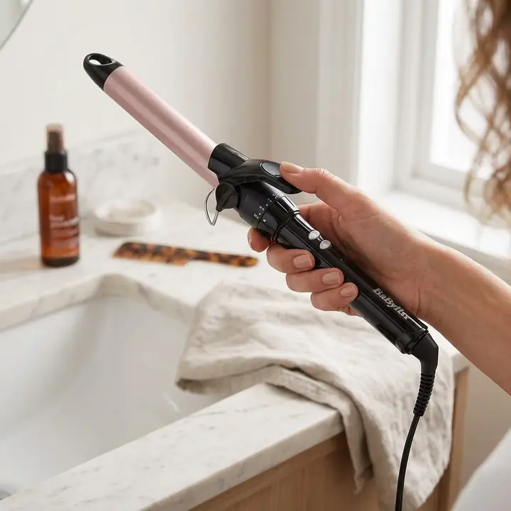 Miniatyr: BaByliss C325E locktång hålls i badrumsmiljö