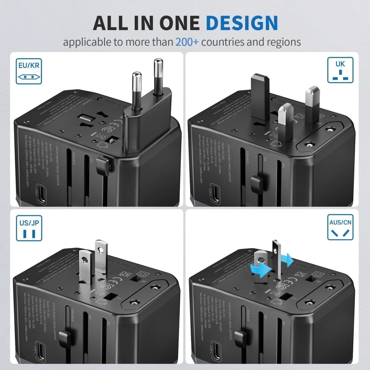 Miniatyr: Reseadapter med utfällbara kontakter för olika länder