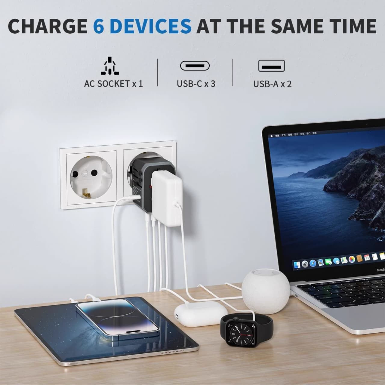 Miniatyr: USB-C och USB-A portar på reseadaptern
