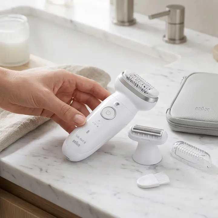 Miniatyr: Braun Silk-épil 9 epilator med rakhuvud och tillbehör vid handfat