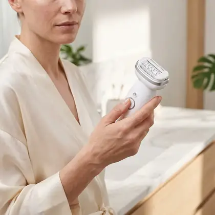 Braun Silk-épil 9 epilator hållen i handen i ett ljust badrum