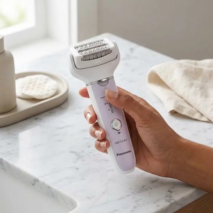 Miniatyr: Panasonic ES-EY30 epilator hållen i handen vid ett handfat