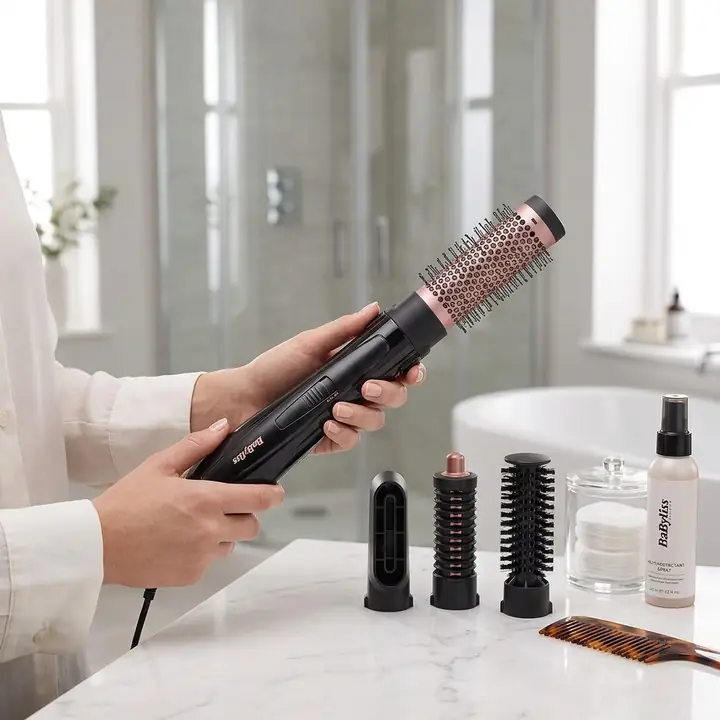 Miniatyr: BaByliss AS126E varmluftsborste med tillbehör på badrumsbänk