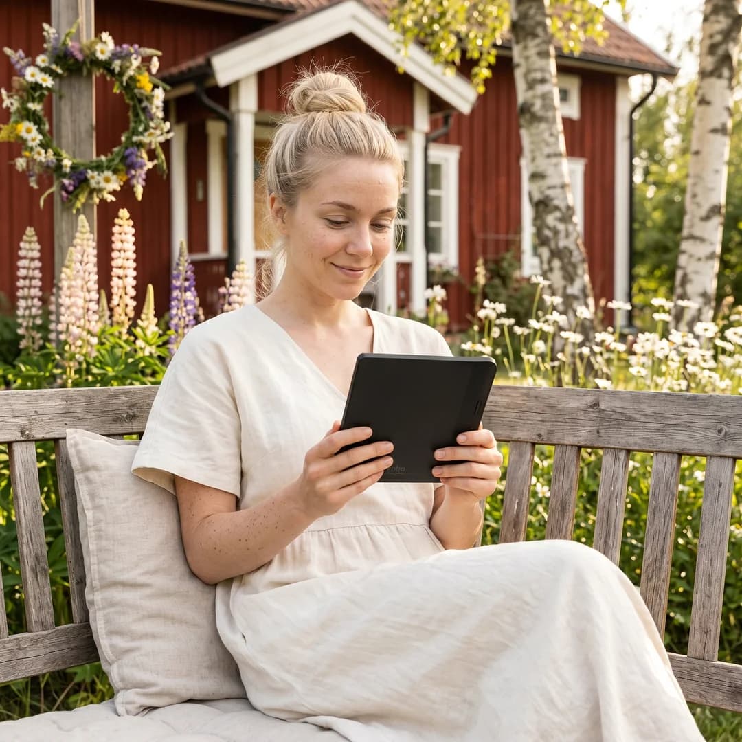 Miniatyr: Avslappnad läsning på Kobo Clara BW i sommarträdgården