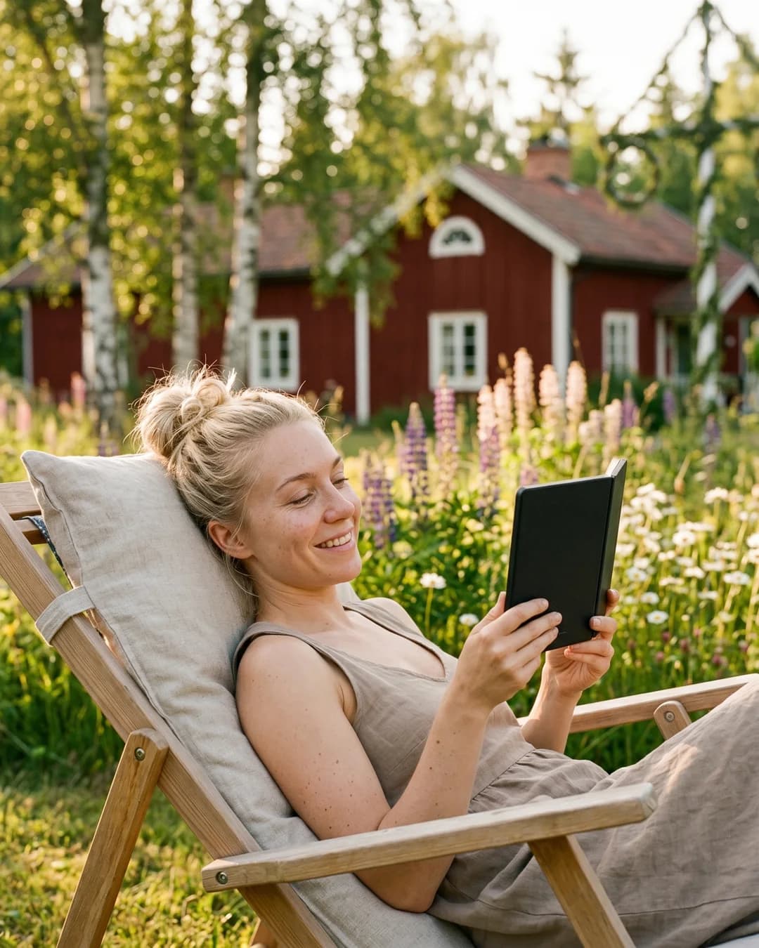 Kobo Clara BW e-boksläsare i en svensk sommarträdgård