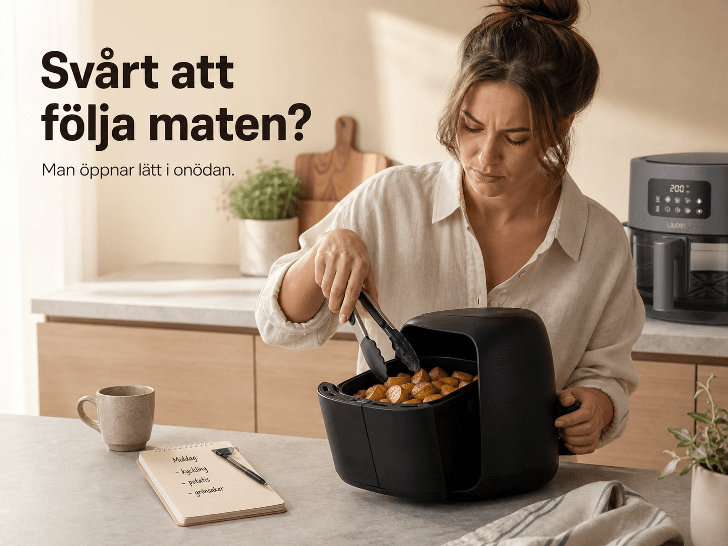 Person som öppnar en vanlig airfryer för att kontrollera maten
