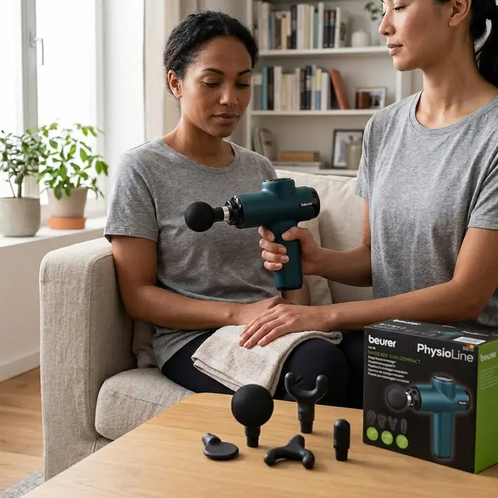 Miniatyr: Beurer MG 99 massagepistol med tillbehör i hemmamiljö