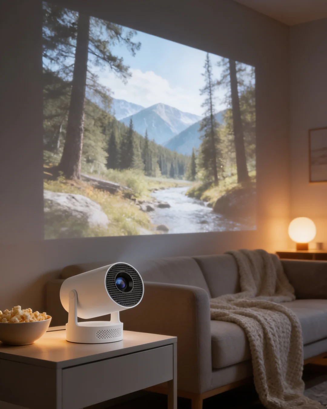 Mini-projektor som visar film på väggen i ett mysigt rum
