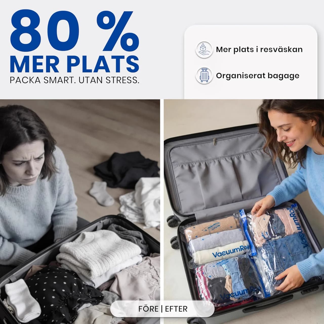 Miniatyr: Kompressionspåse som rullas ihop för att pressa ut luften