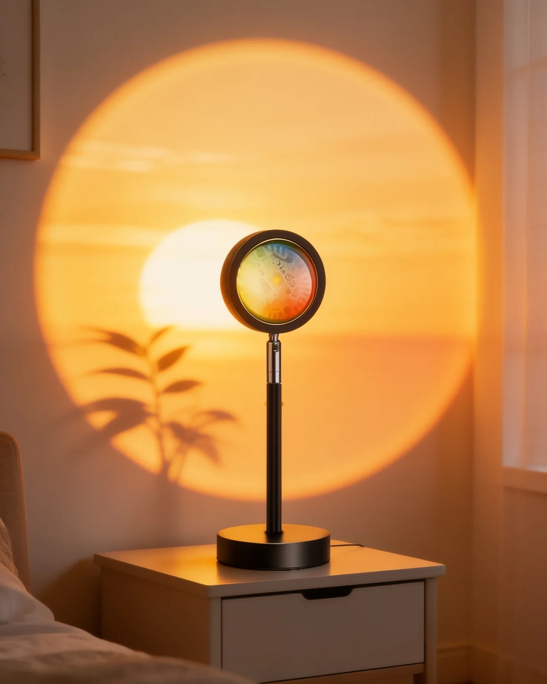 Solnedgångslampa som kastar ett gyllene sunset-sken på väggen