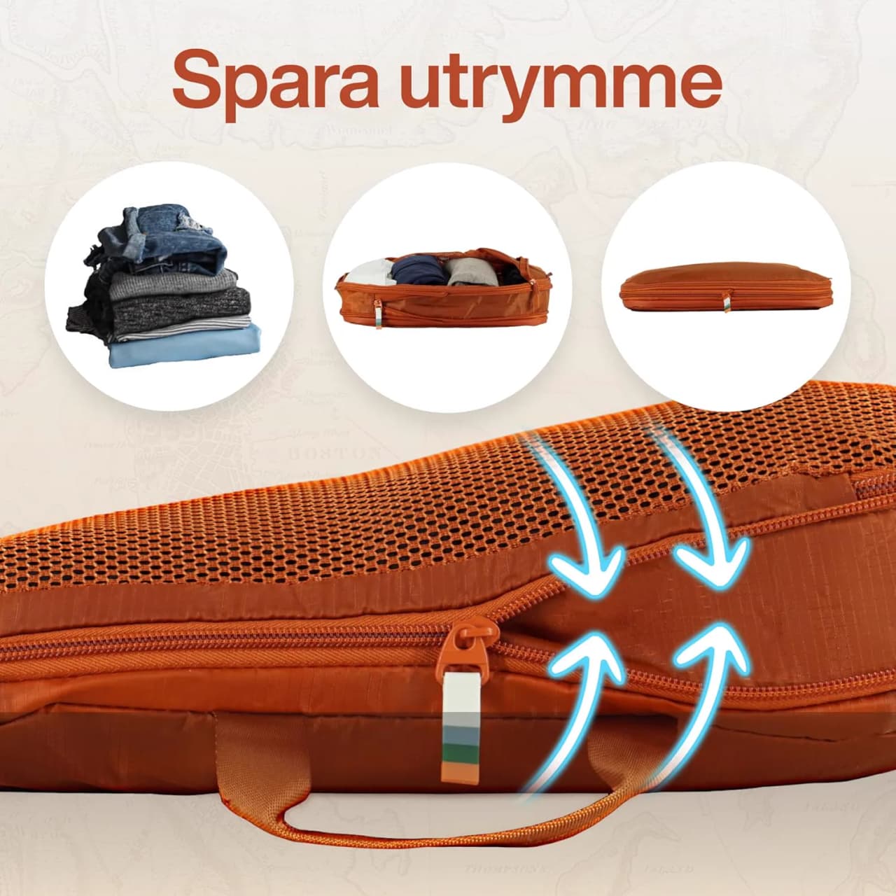 Miniatyr: Packkuber med kompression som pressar ihop kläderna