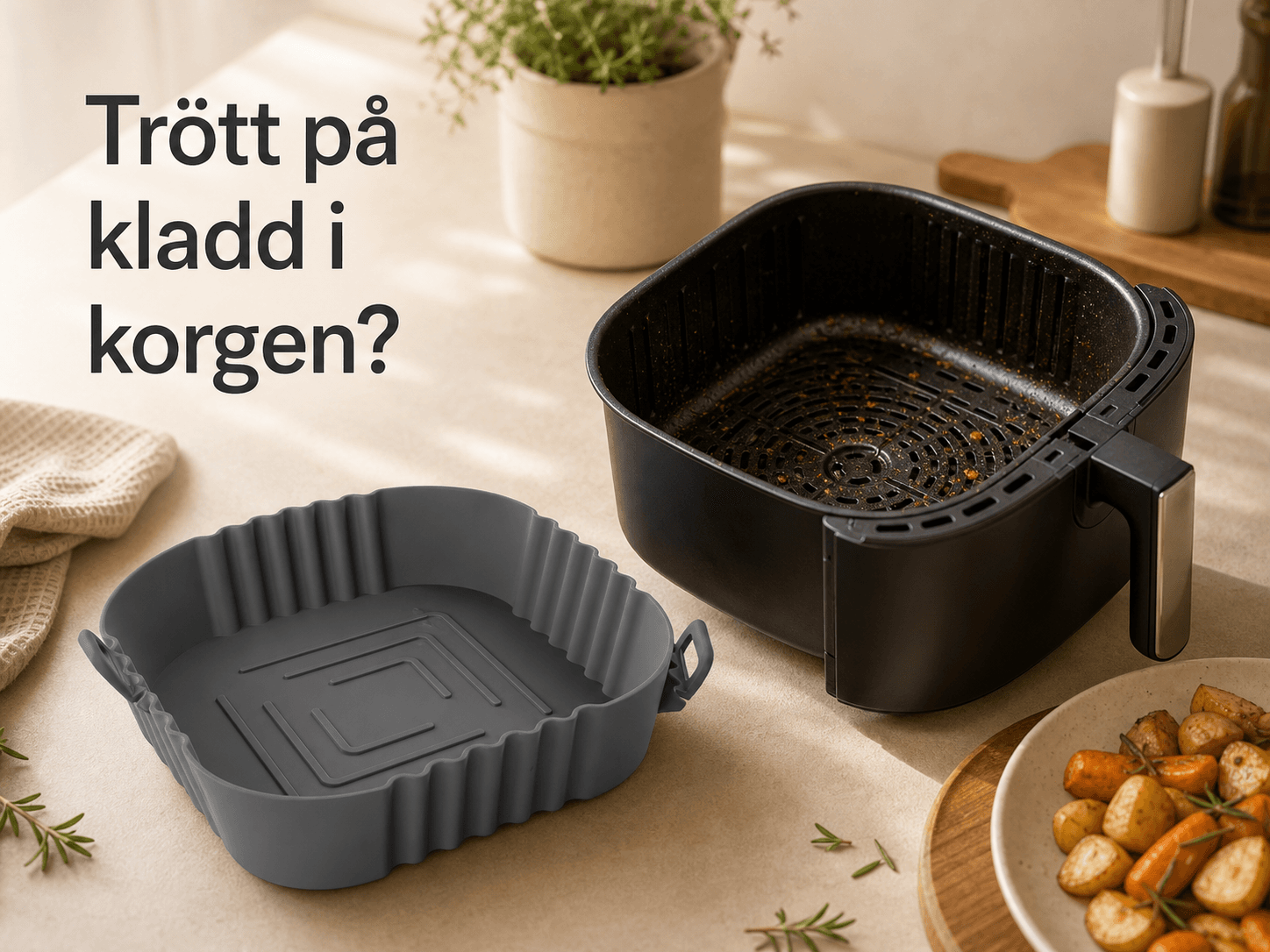 Smutsig airfryer-korg bredvid Vicloon silikonform