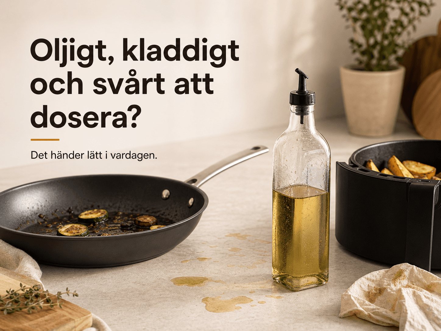 Vanlig oljeflaska som lämnar små spill nära stekpanna och airfryer-korg