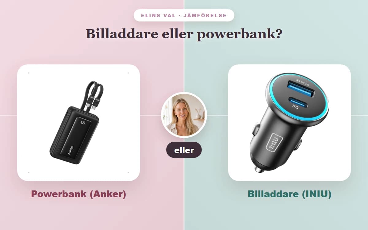 Billaddare eller powerbank? — Elins jämförelse