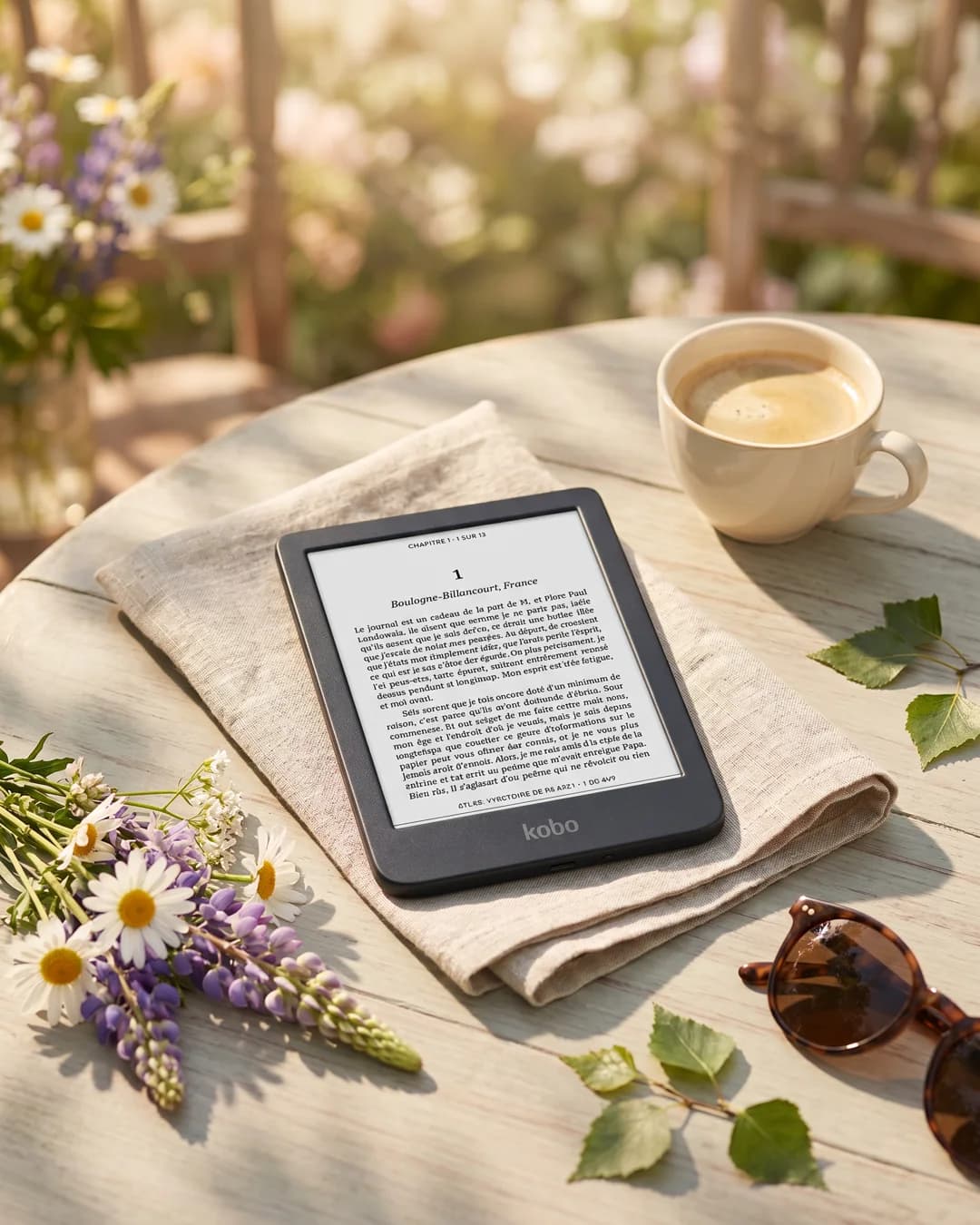 Kobo Clara BW på linne med kaffe och sommarblommor